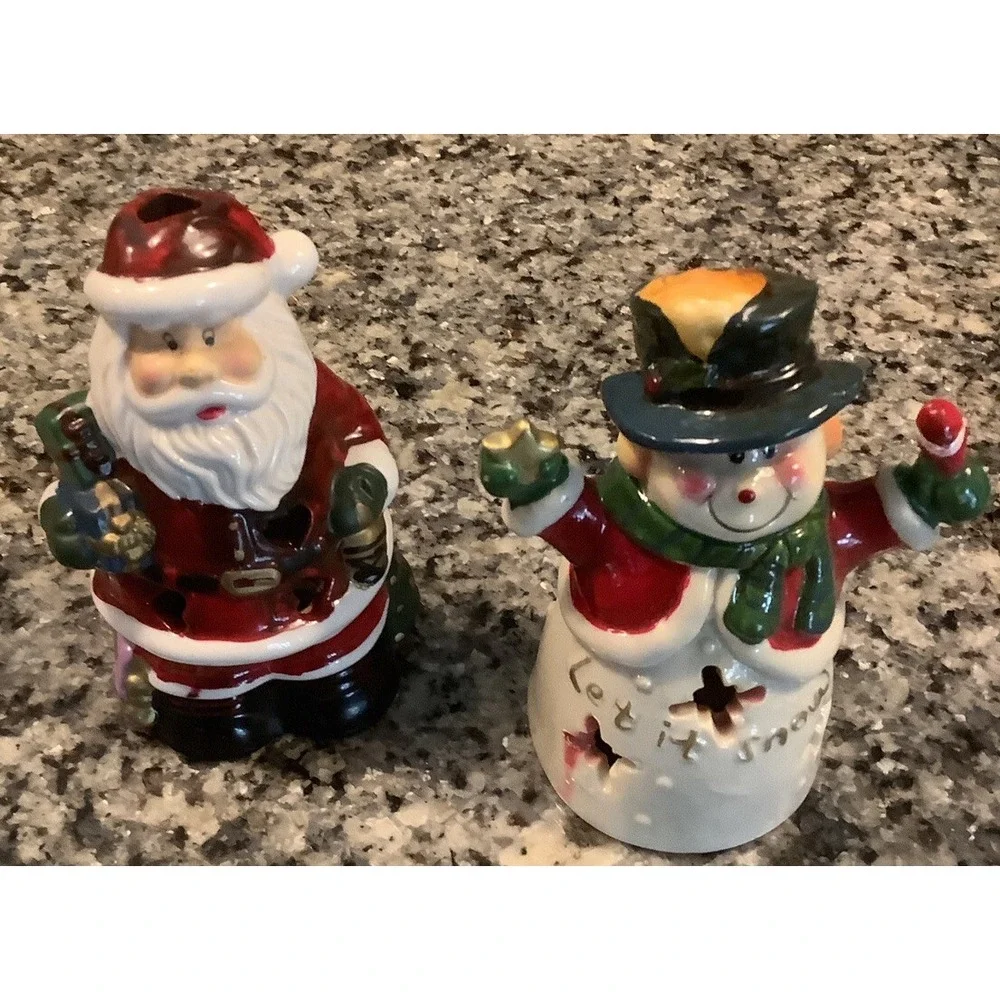 Hallmark Snowman/Santa Clause Ceramic Tea Light Candle Luminary Holder
